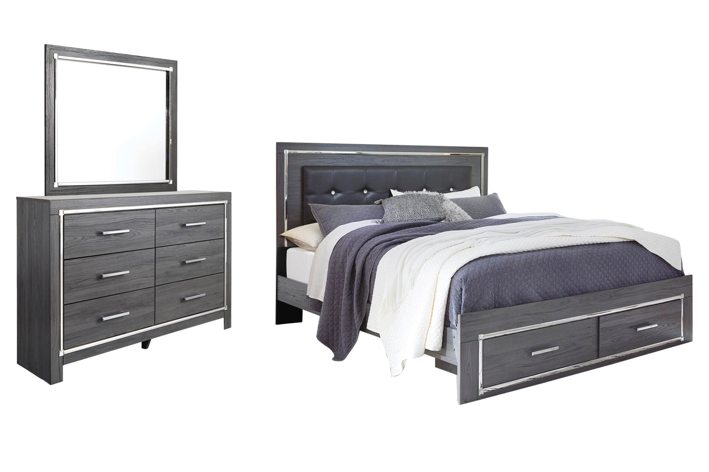 Cama Lodanna con dos cajones y cómoda con espejo