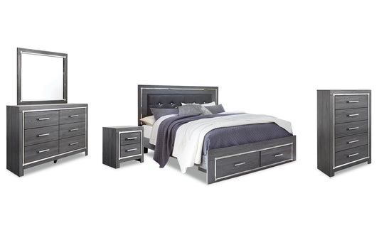 Cama Lodanna con dos cajones, cómoda con espejo y mesita de noche