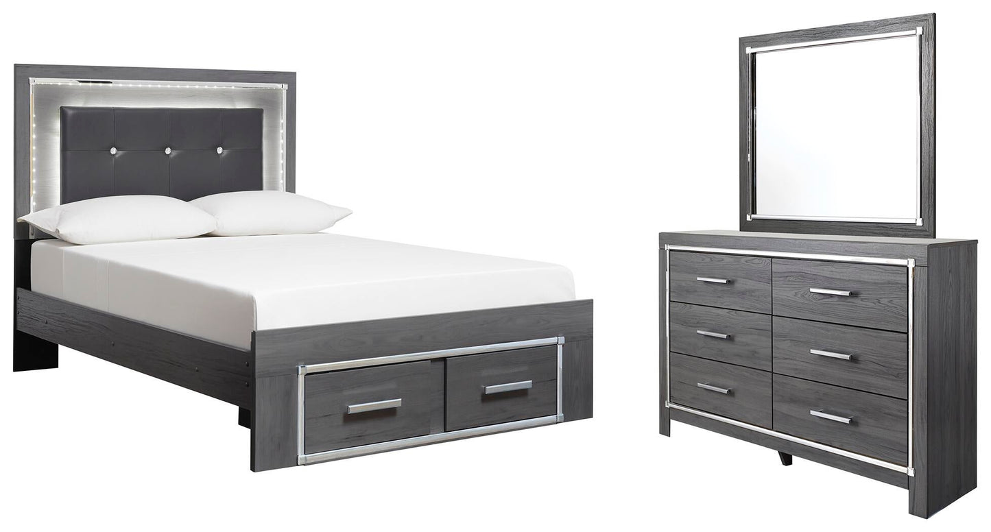 Cama Lodanna con dos cajones y cómoda con espejo