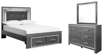Cama Lodanna con dos cajones y cómoda con espejo