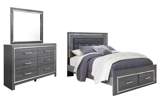 Cama Lodanna con dos cajones y cómoda con espejo
