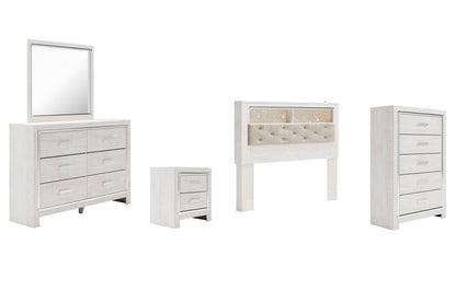 Altyra  Bookcase Headboard Bed With Mirrored Dresser, Chest And Nightstand