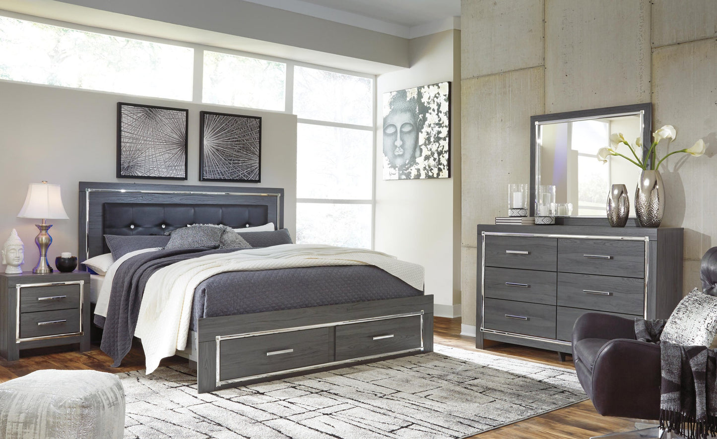Lodanna  Panel Bed With 2 Storage Drawers, Dresser, Mirror And Nightstand