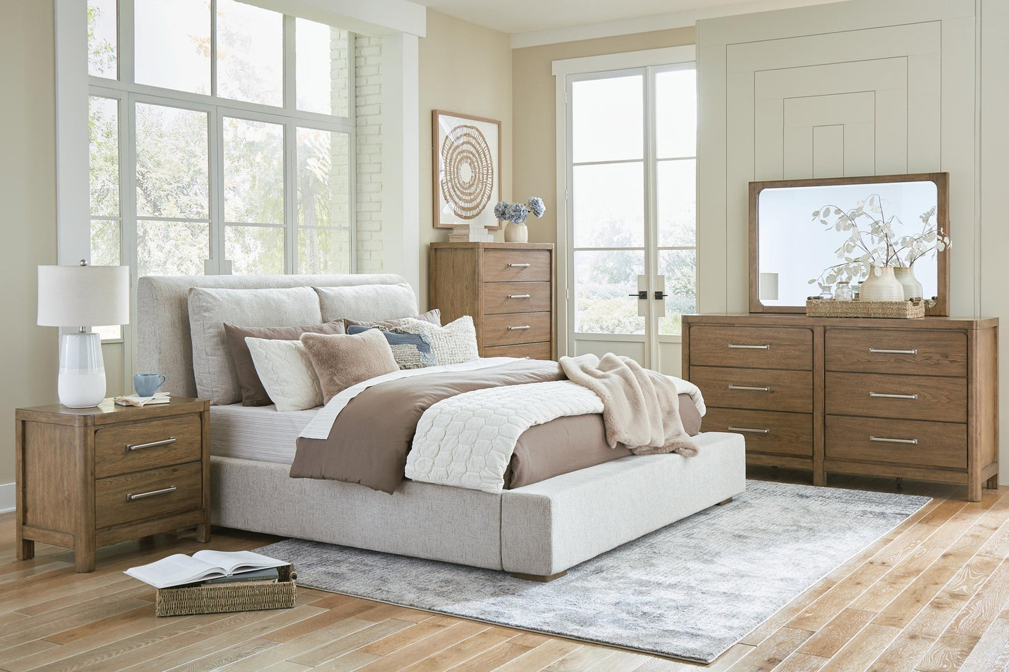 Cabalynn California  Upholstered Bed With Mirrored Dresser, Chest And Nightstand