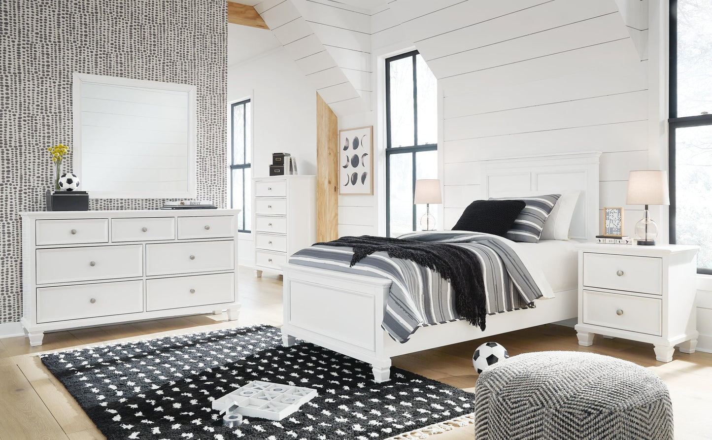 Fortman  Panel Bed With Mirrored Dresser, Chest And Nightstand