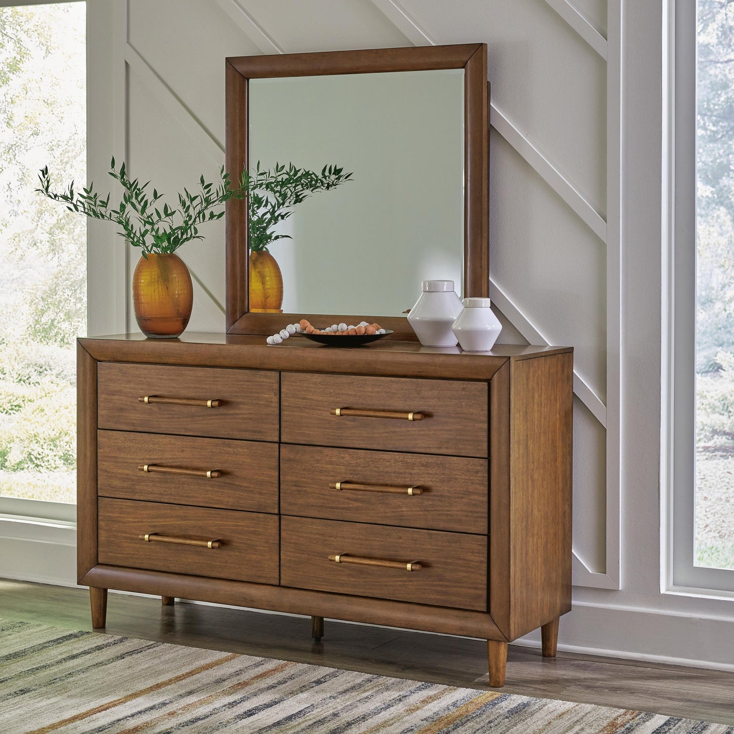 Lyncott  Upholstered Panel Bed, Dresser, Mirror, Chest And Nightstand