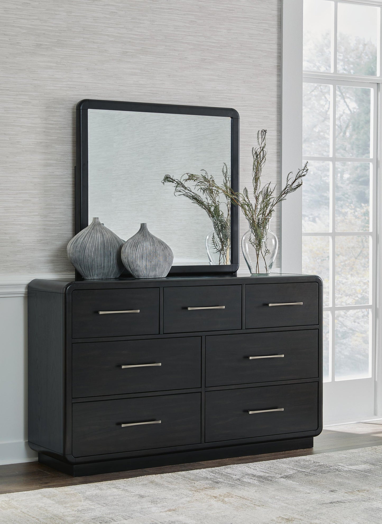 Rowanbeck California  Upholstered Panel Bed, Dresser, Mirror And Nightstand