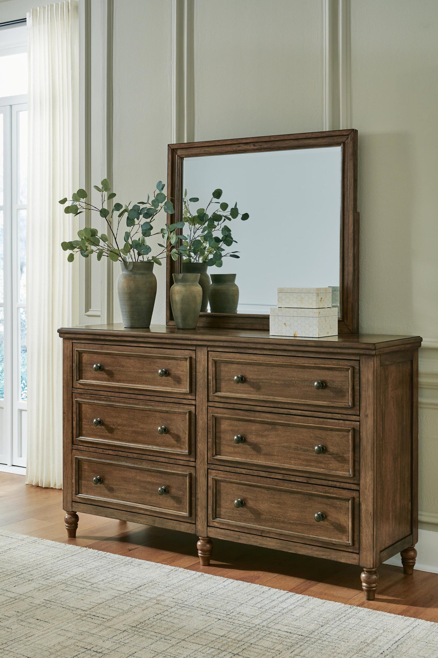 Sturlayne  Upholstered Panel Bed, Dresser And Mirror