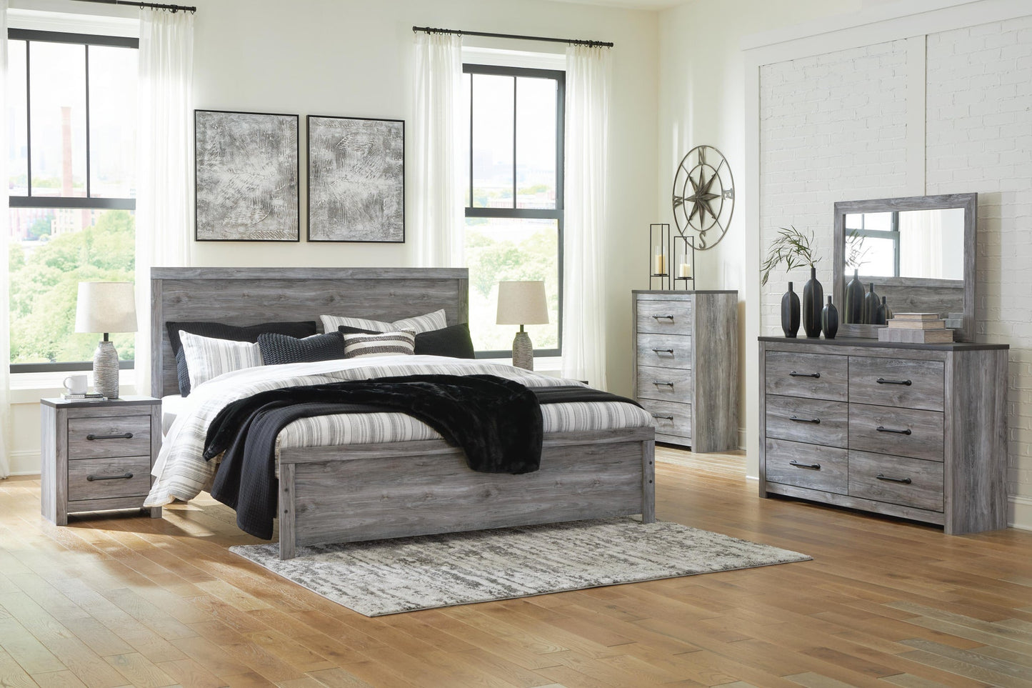 Bronyan  Panel Bed With Mirrored Dresser And Nightstand