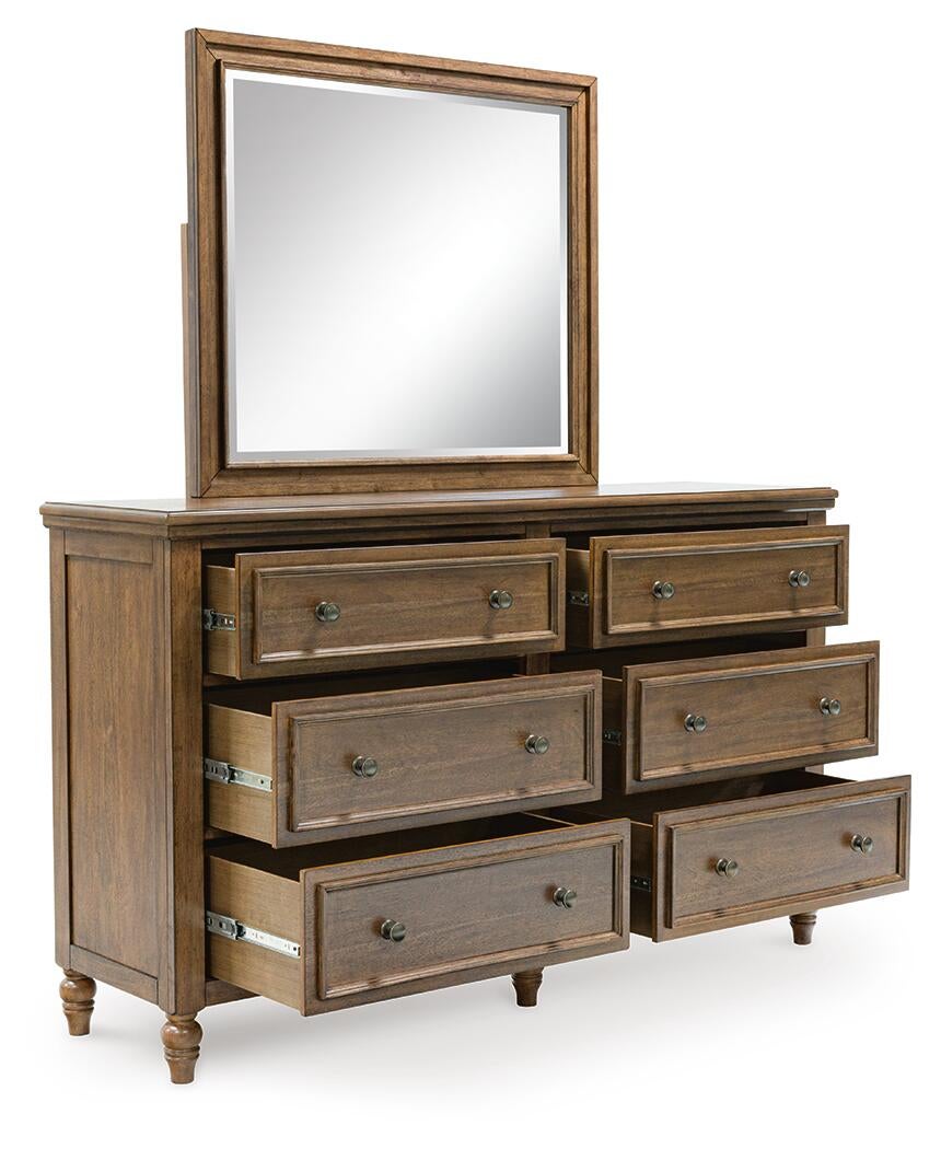 Sturlayne California  Upholstered Panel Bed, Dresser, Mirror And Nightstand