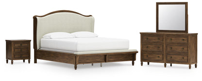 Sturlayne California  Upholstered Panel Bed, Dresser, Mirror And Nightstand