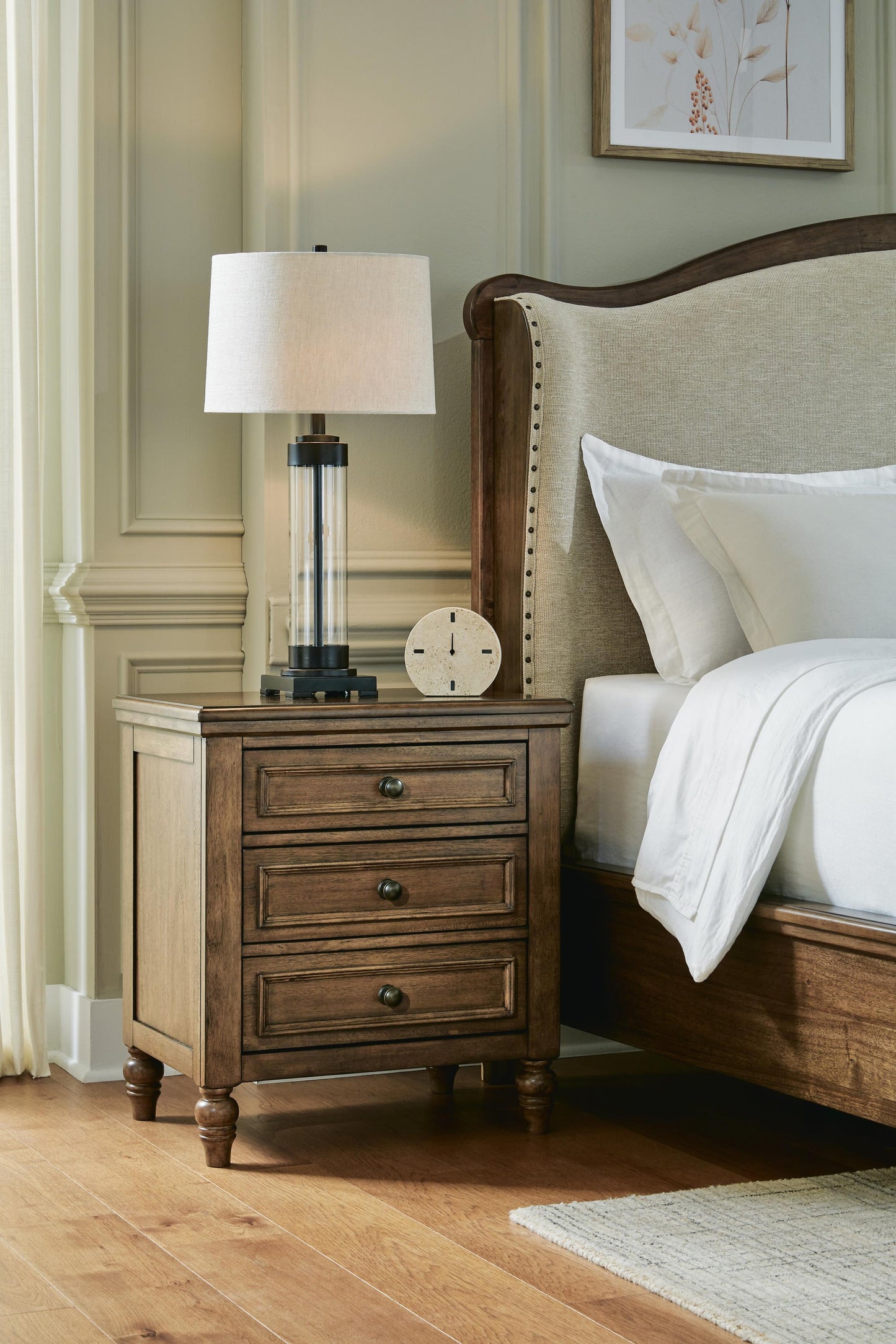 Sturlayne  Upholstered Panel Bed, Dresser, Mirror, Chest And Nightstand