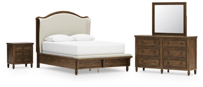 Sturlayne  Upholstered Panel Bed, Dresser, Mirror And Nightstand
