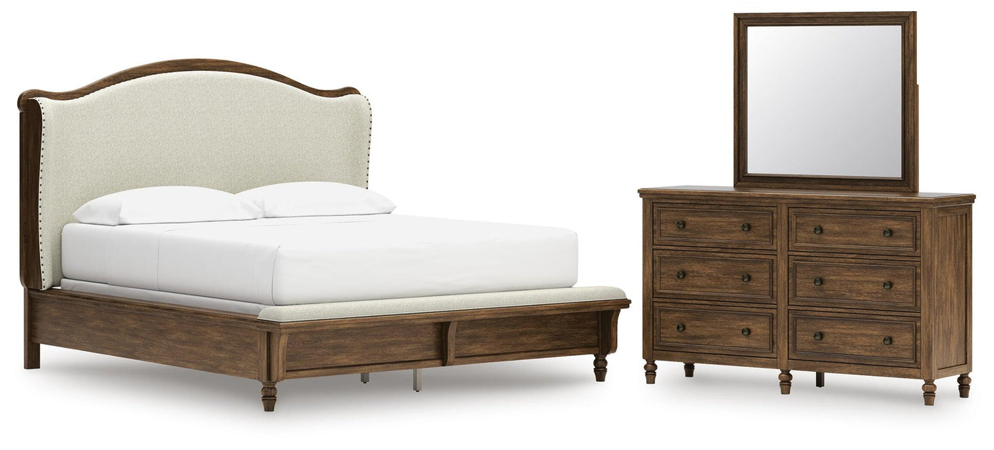 Sturlayne California  Upholstered Panel Bed, Dresser And Mirror
