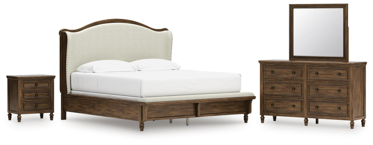 Sturlayne  Upholstered Panel Bed, Dresser, Mirror And Nightstand