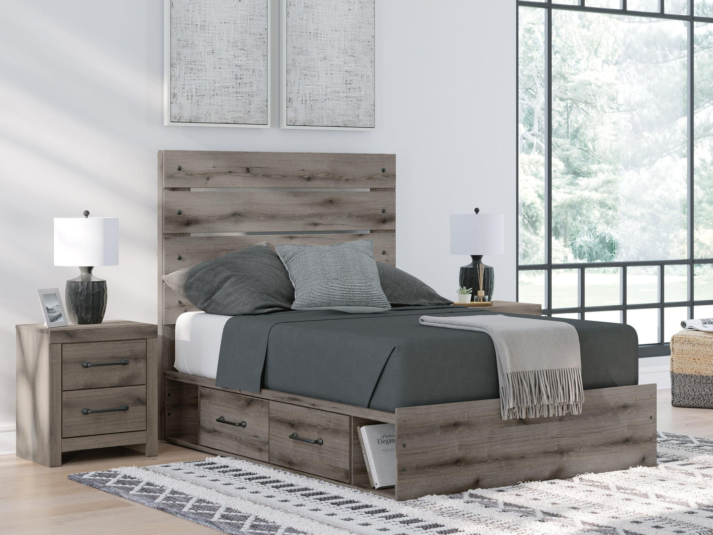 Graystorm  Panel Bed With Storage, Dresser, Mirror And Nightstand