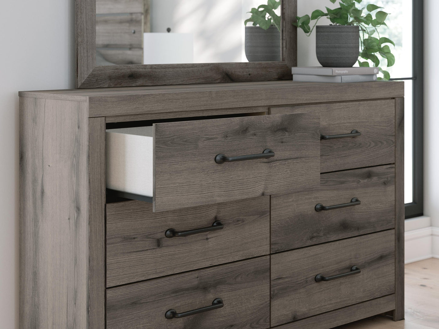 Graystorm  Panel Bed, Dresser, Mirror And Nightstand