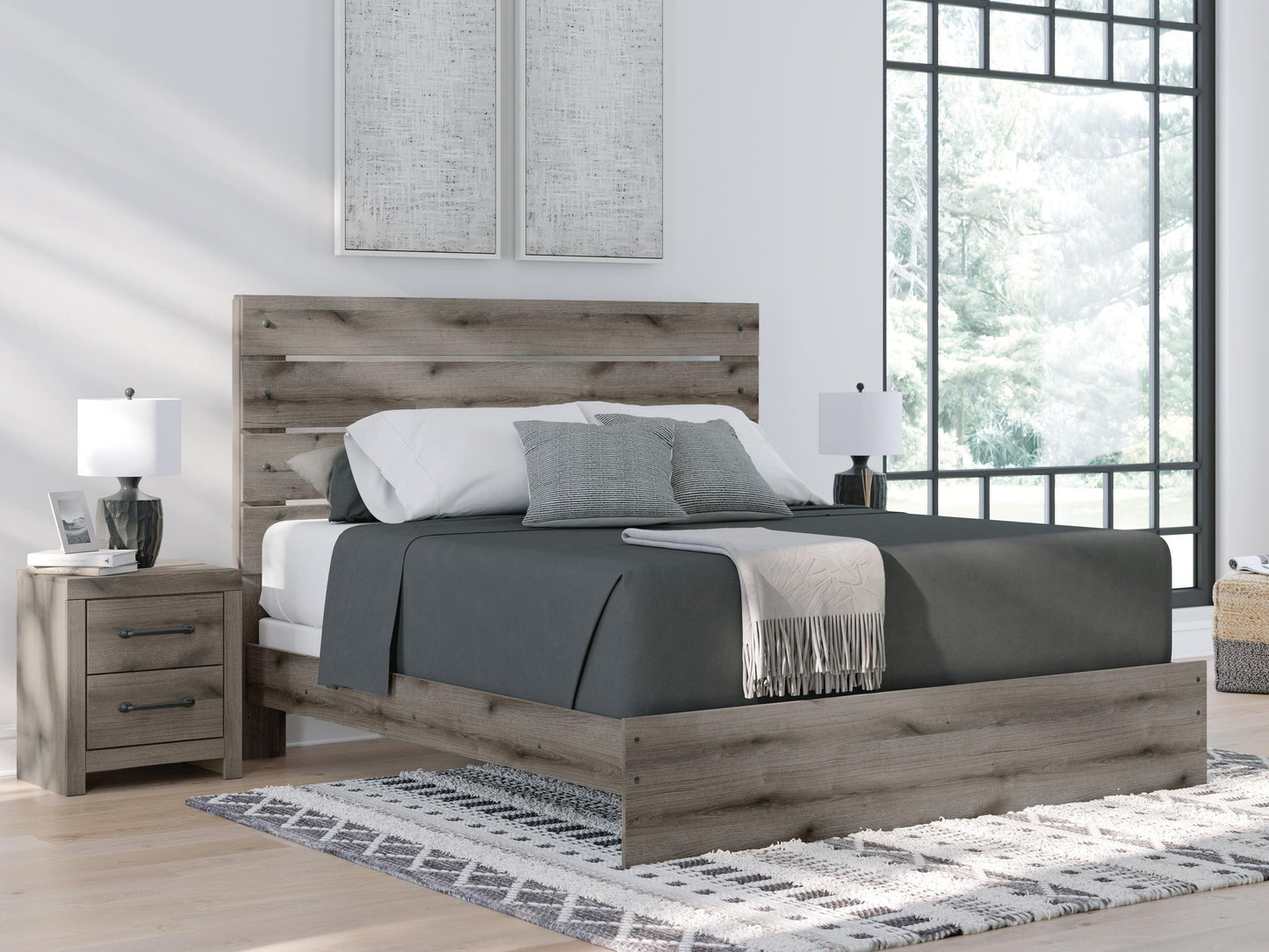 Graystorm  Panel Bed, Dresser, Mirror And Nightstand