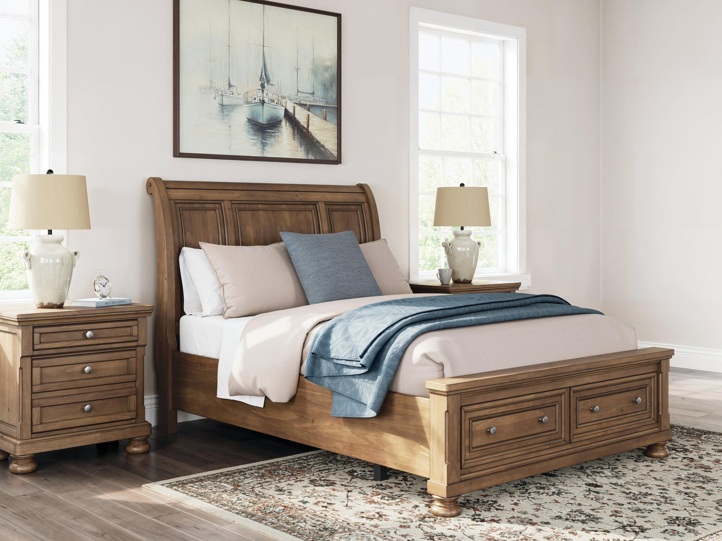 Feddinger  Storage Sleigh Bed With Mirrored Dresser And Nightstand