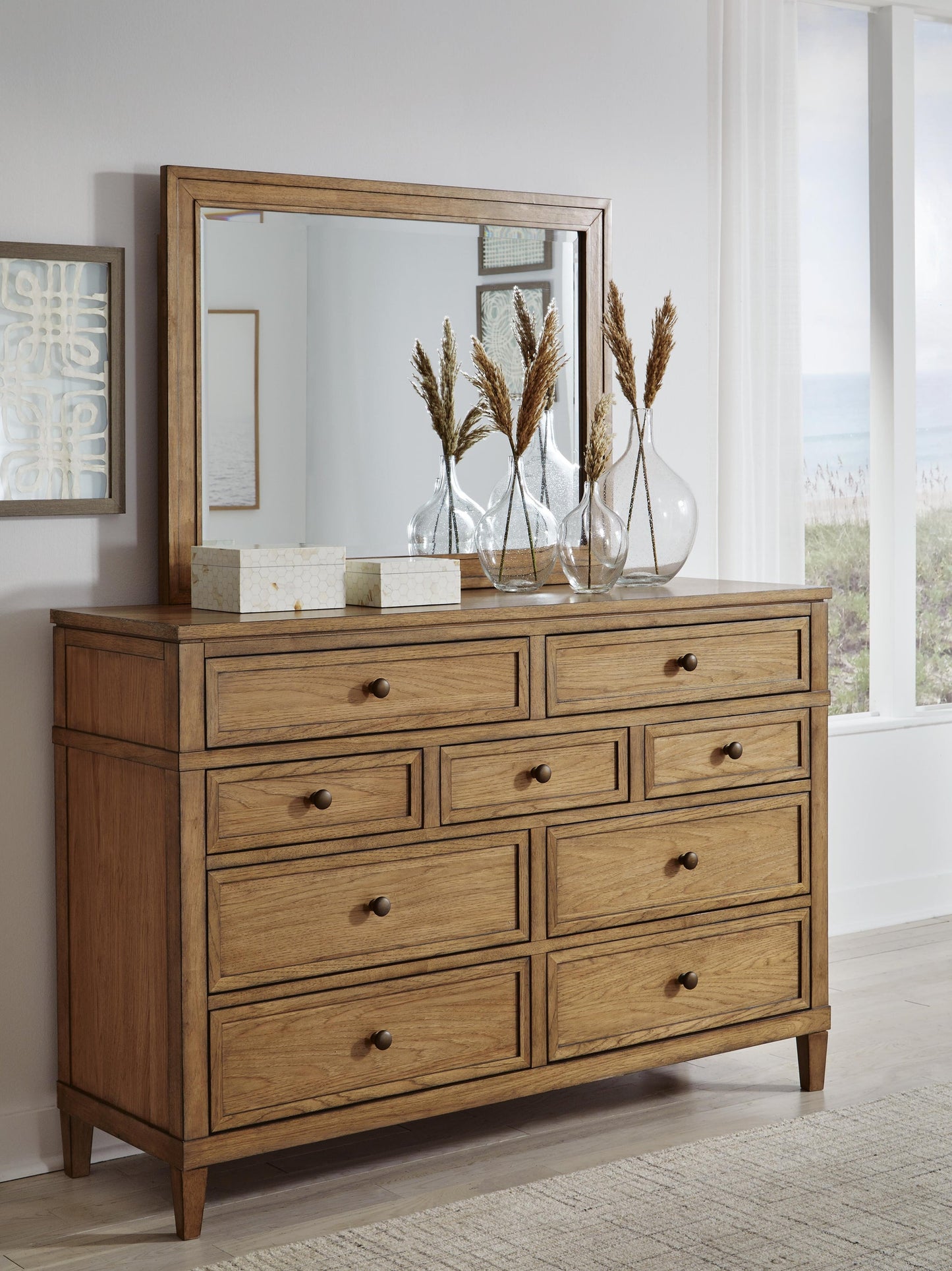 Sharlance  Upholstered Panel Bed, Dresser And Mirror