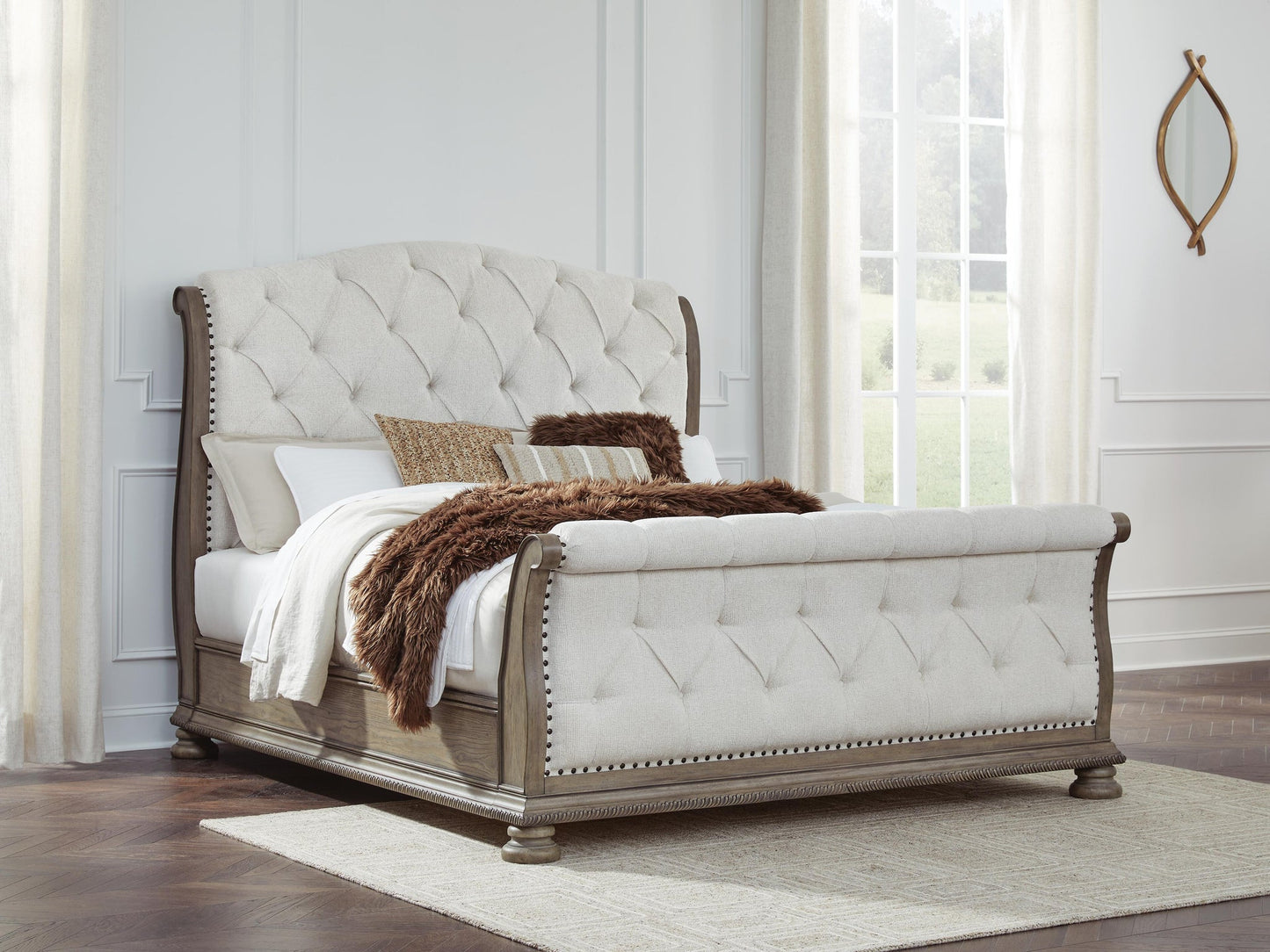 Ardenfield  Upholstered Sleigh Bed, Dresser And Mirror