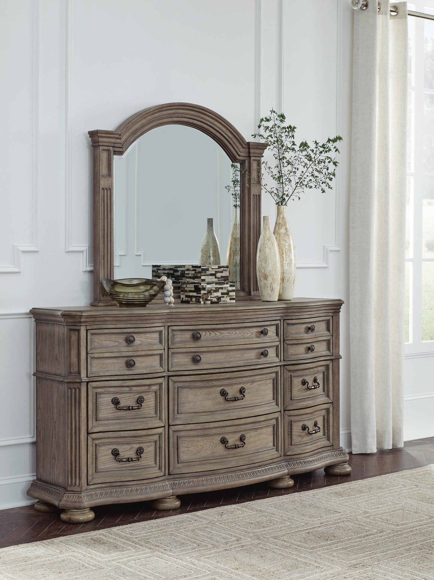 Ardenfield  Upholstered Sleigh Bed, Dresser, Mirror, Chest And Nightstand