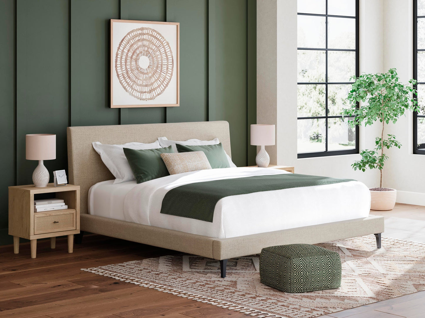Cielden  Upholstered Bed With Roll Slats, Dresser And Mirror