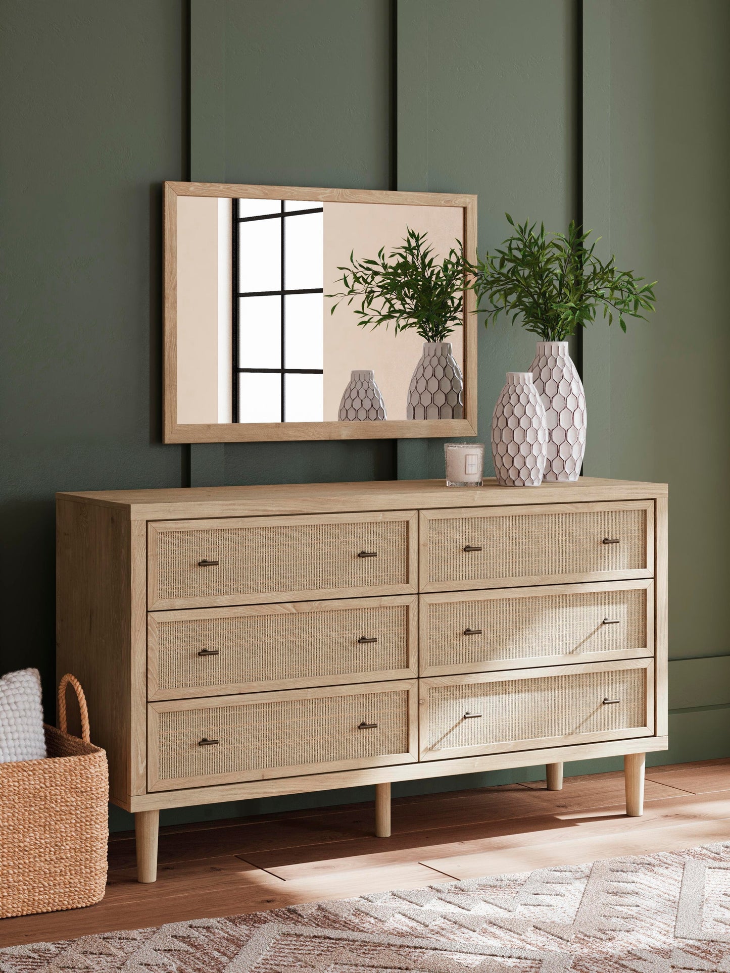 Cielden California  Upholstered Bed With Roll Slats, Dresser And Mirror