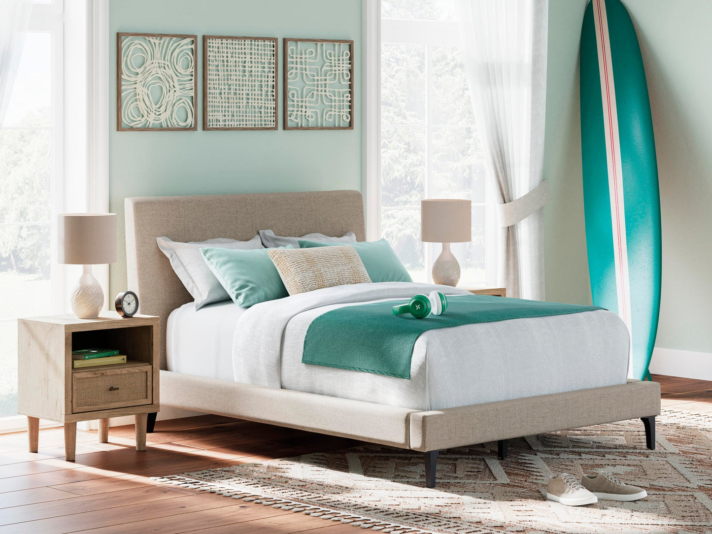 Cielden  Upholstered Bed With Roll Slats, Dresser, Mirror, Chest And Nightstand