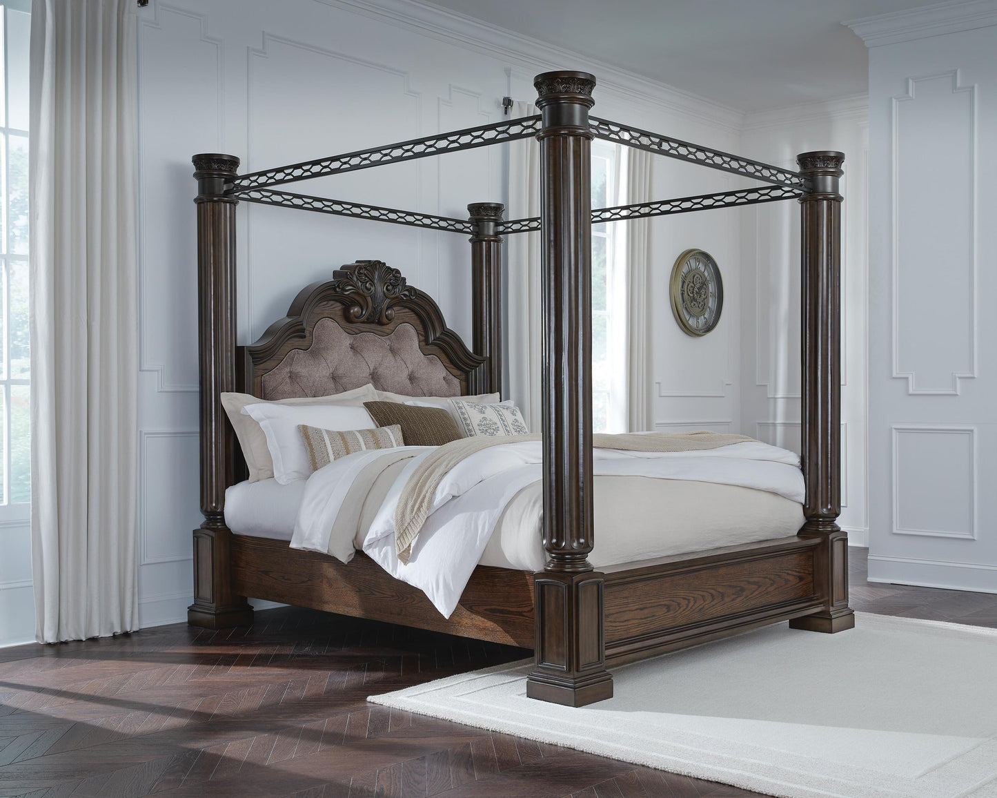 Maylee California  Canopy Bed, Dresser, Mirror, Chest And Nightstand