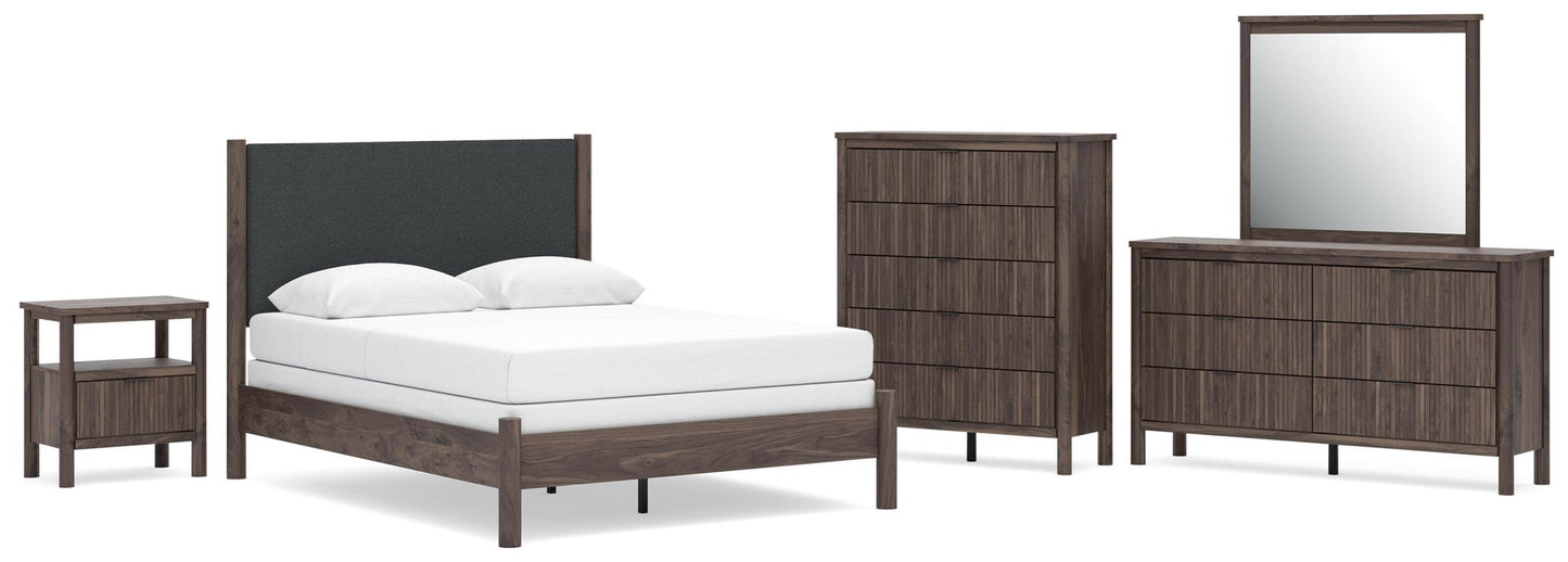 Pamytta  Upholstered Panel Bed, Dresser, Mirror, Chest And Nightstand
