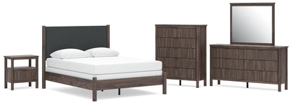 Pamytta  Upholstered Panel Bed, Dresser, Mirror, Chest And Nightstand
