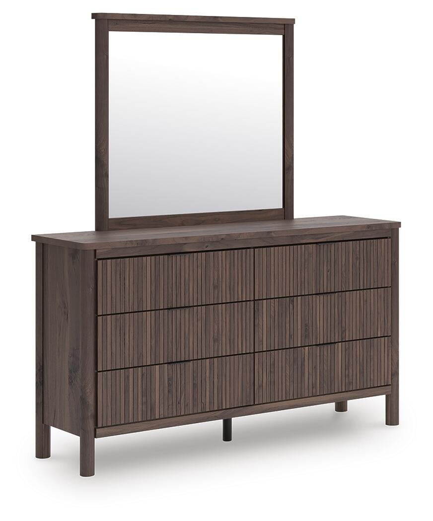 Pamytta  Upholstered Panel Bed, Dresser And Mirror