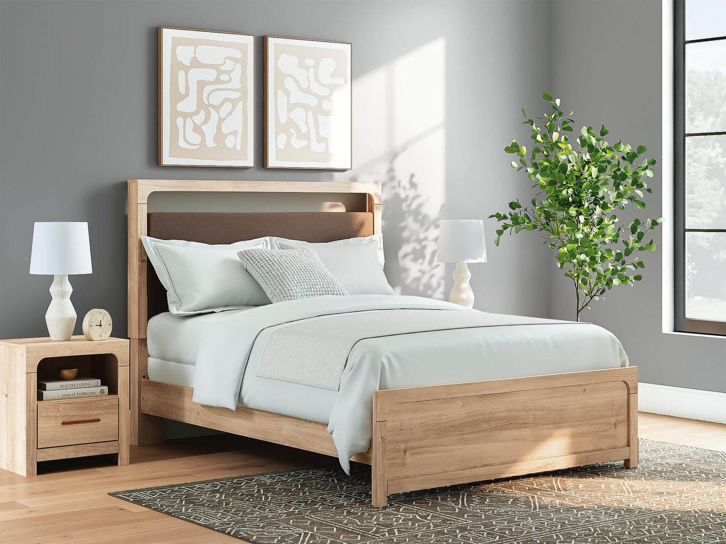 Kinlanni  Upholstered Panel Bed, Dresser And Mirror