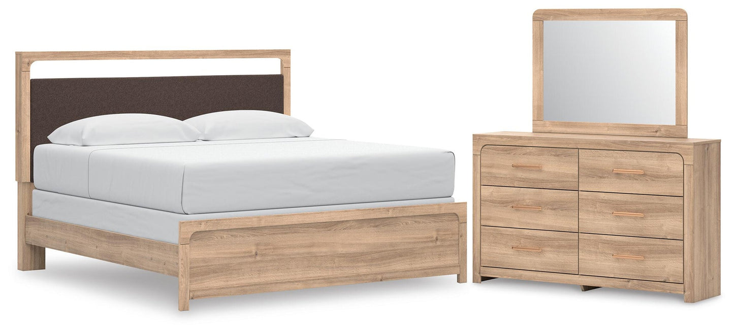 Kinlanni  Upholstered Panel Bed, Dresser And Mirror