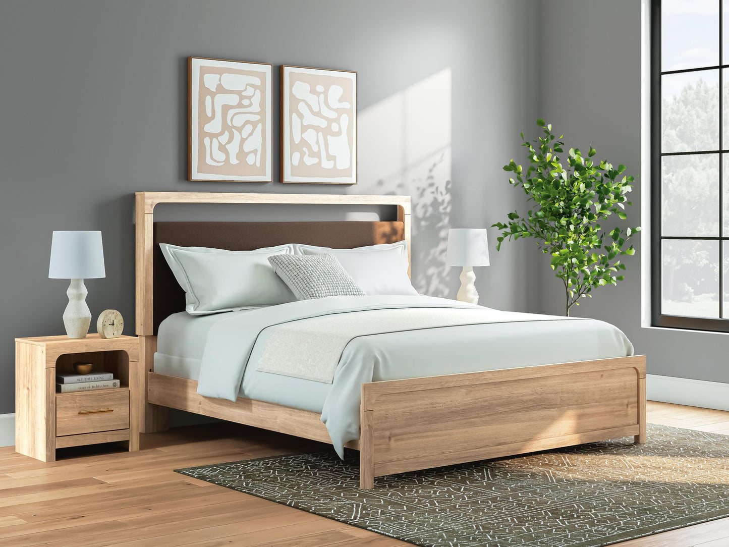 Kinlanni  Upholstered Panel Bed, Dresser And Mirror