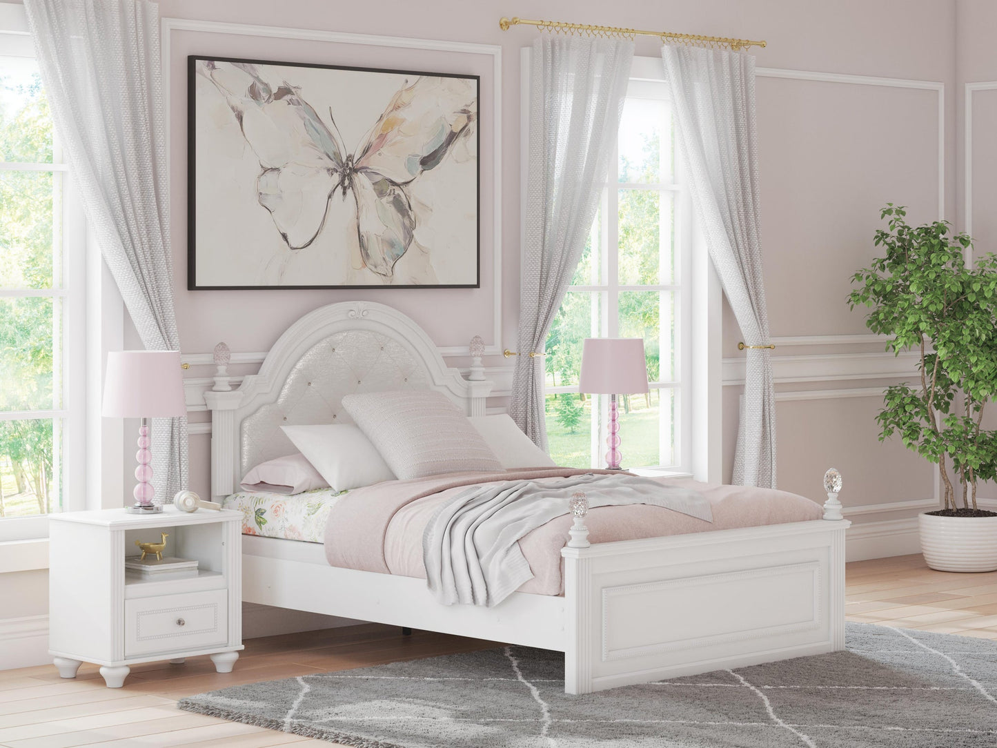 Kozlani  Upholstered Panel Bed, Dresser, Mirror And Nightstand