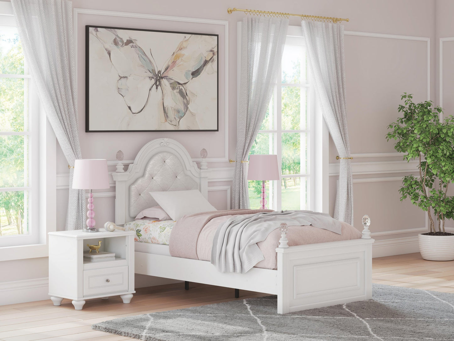 Kozlani  Upholstered Panel Bed, Dresser And Mirror