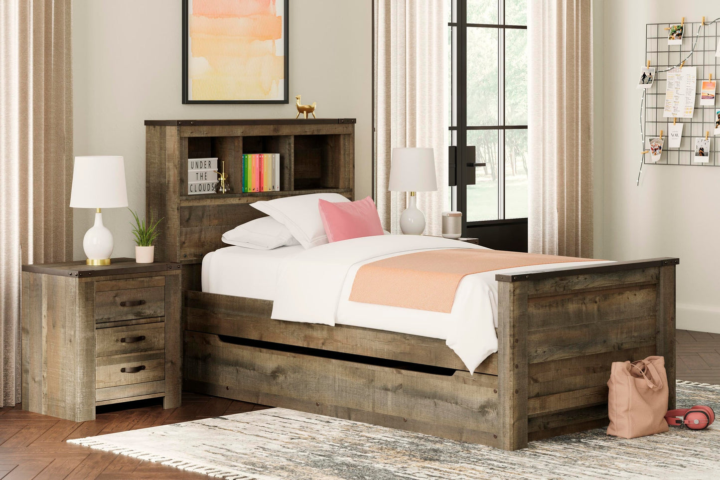 Cama-librería Trinell con 1 cajón grande de almacenamiento